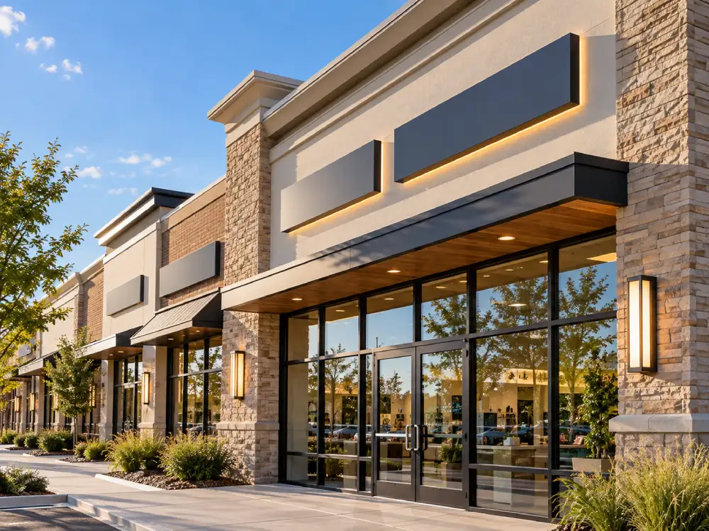 Blank illuminated channel letter sign panels mounted on a modern retail storefront facade in a DFW shopping center.