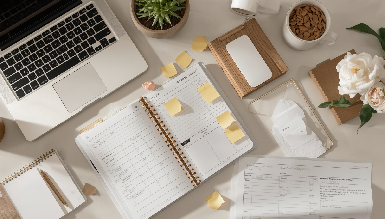 Premium workspace representing founder overwhelm and backend business tasks