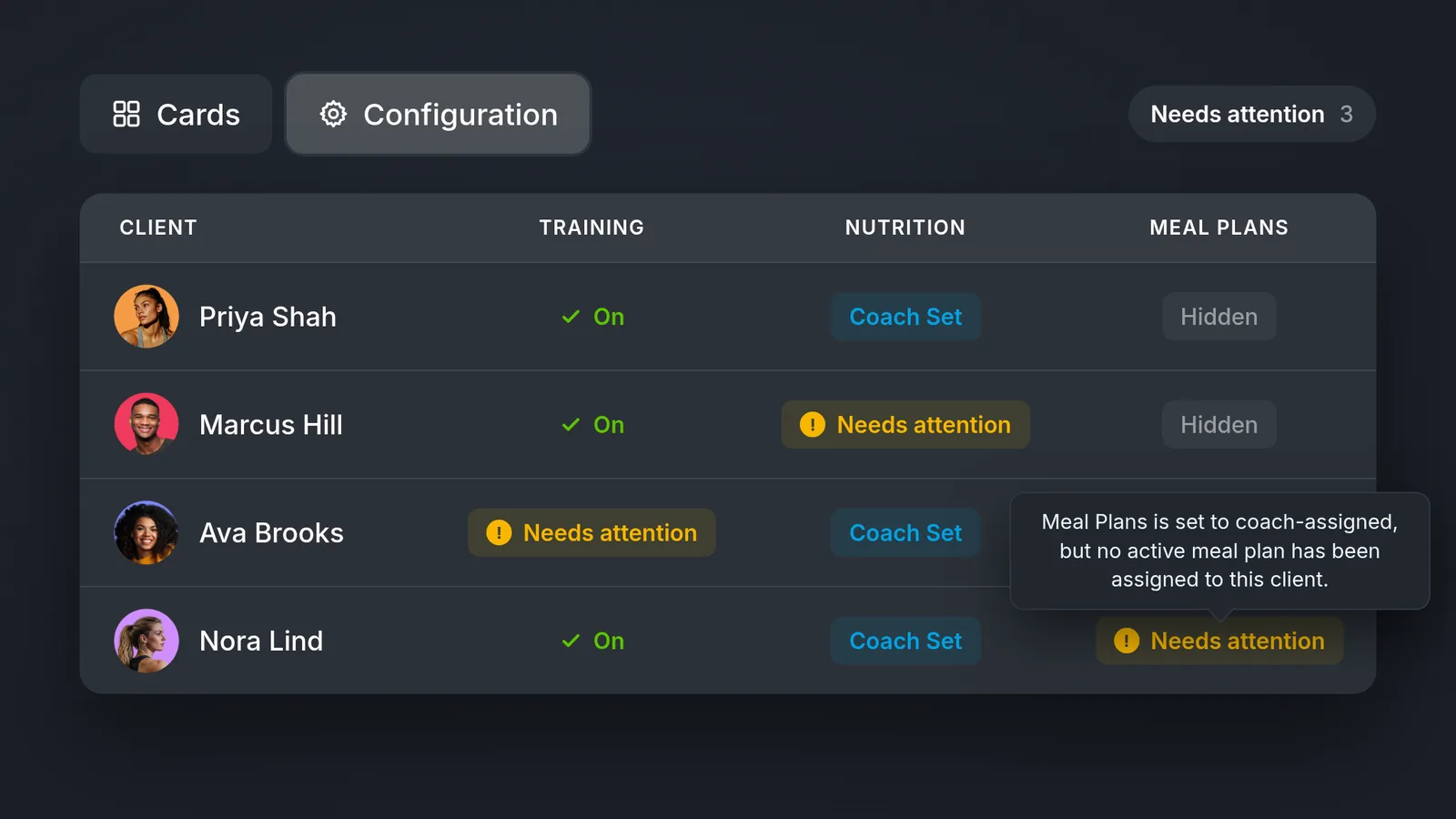 Compact athlete list view showing several clients in rows with their recent activity at a glance