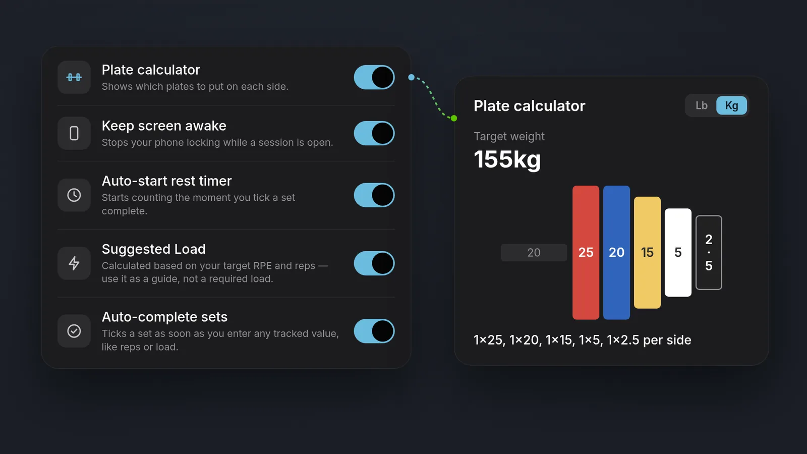 Workout log settings on the MyStrengthBook client app