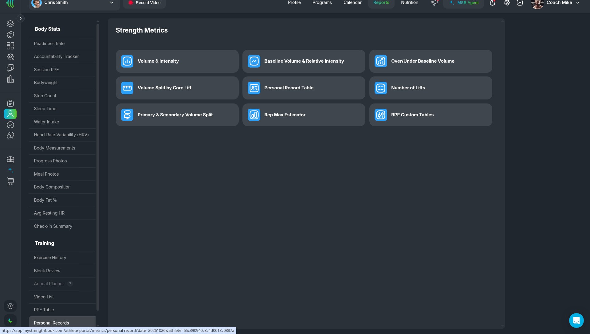 MyStrengthBook client Reports, Strength Metrics tiles including Volume Split by Core Lift and Personal Record Table