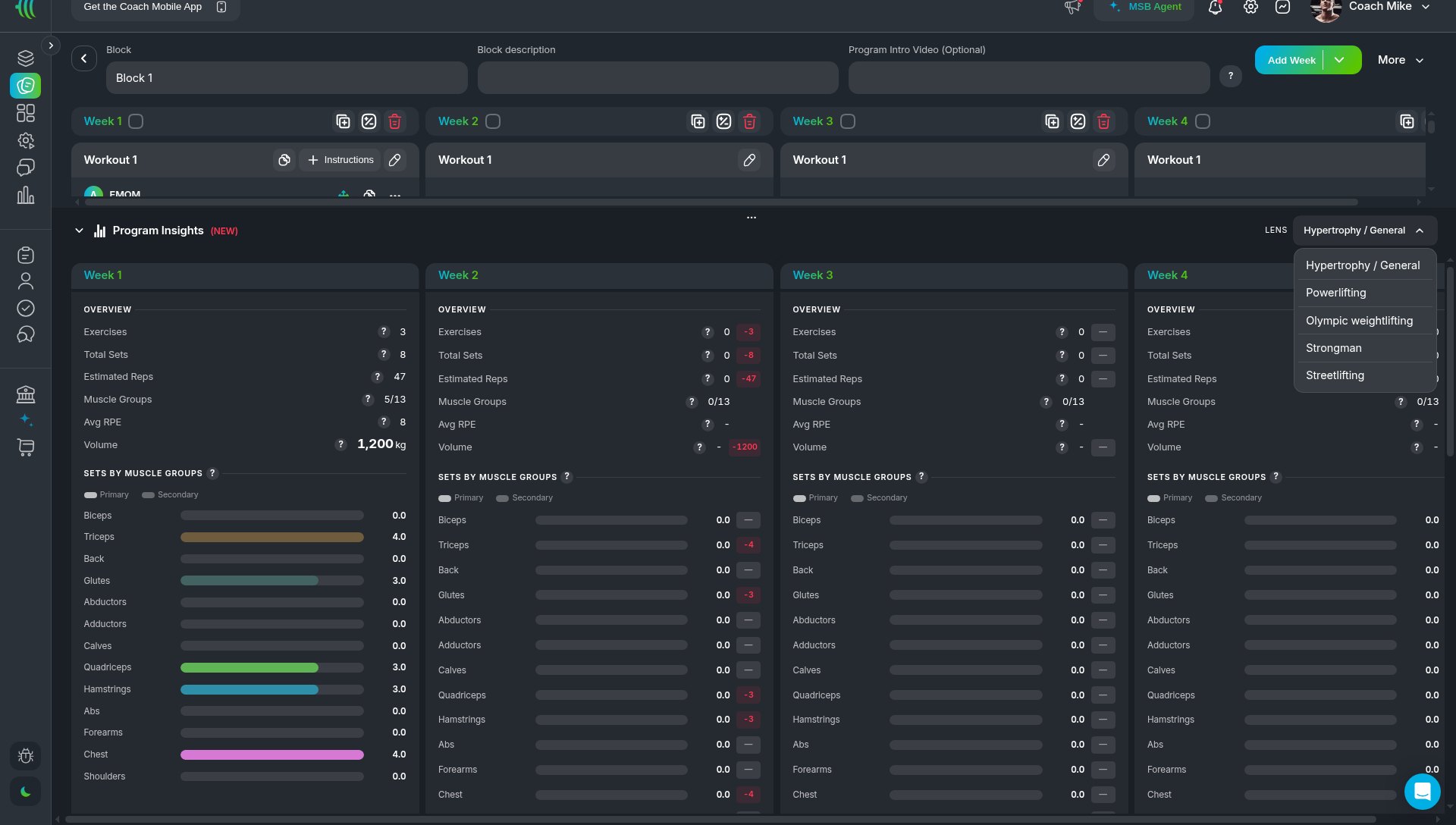 MyStrengthBook Program Insights showing sets by muscle group for each week, with the LENS menu open