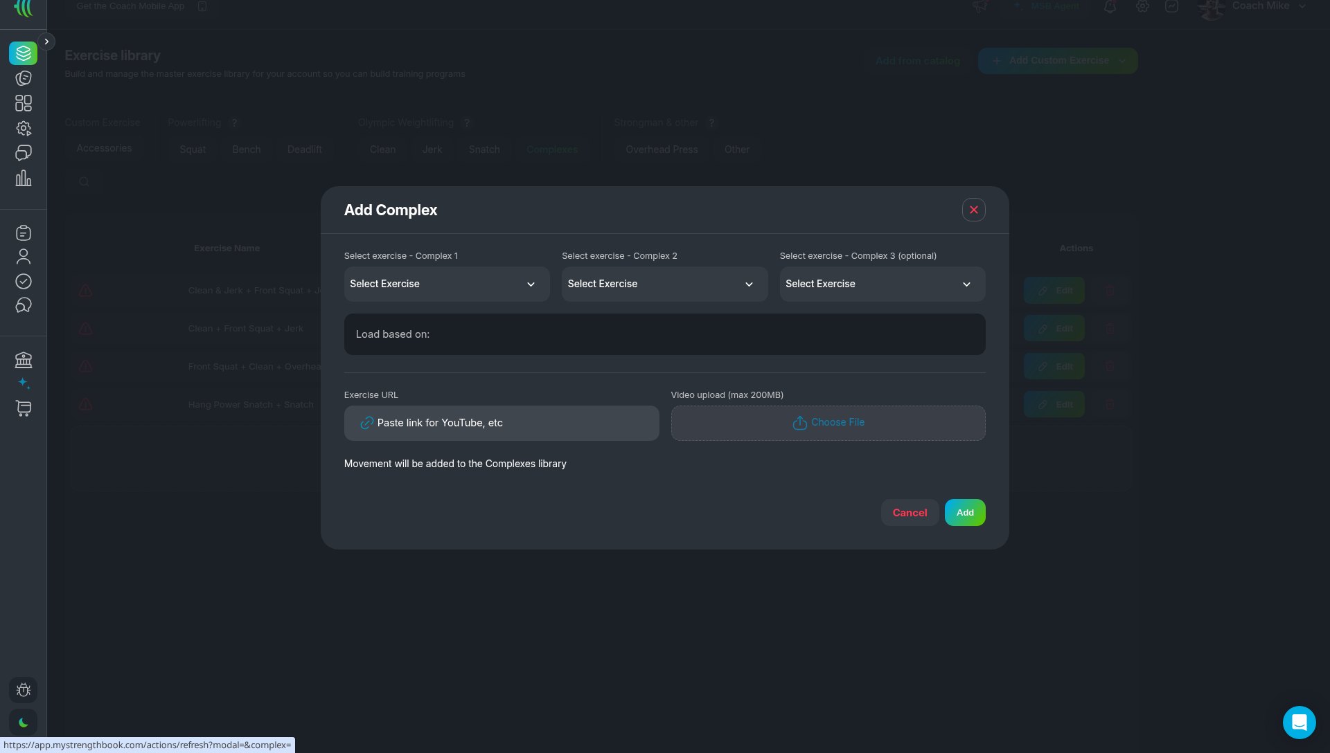 MyStrengthBook Add Complex modal with Complex 1, Complex 2, optional Complex 3 and the Load based on field