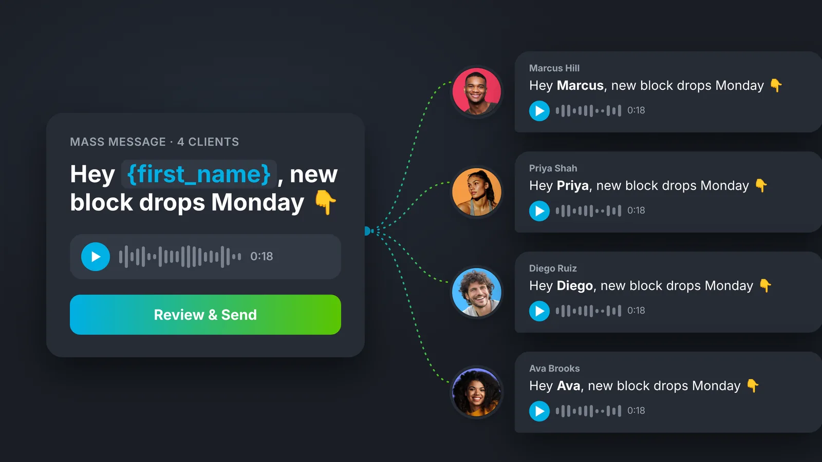 One mass message with a first-name placeholder and a voice note arriving personalized in four clients' chats