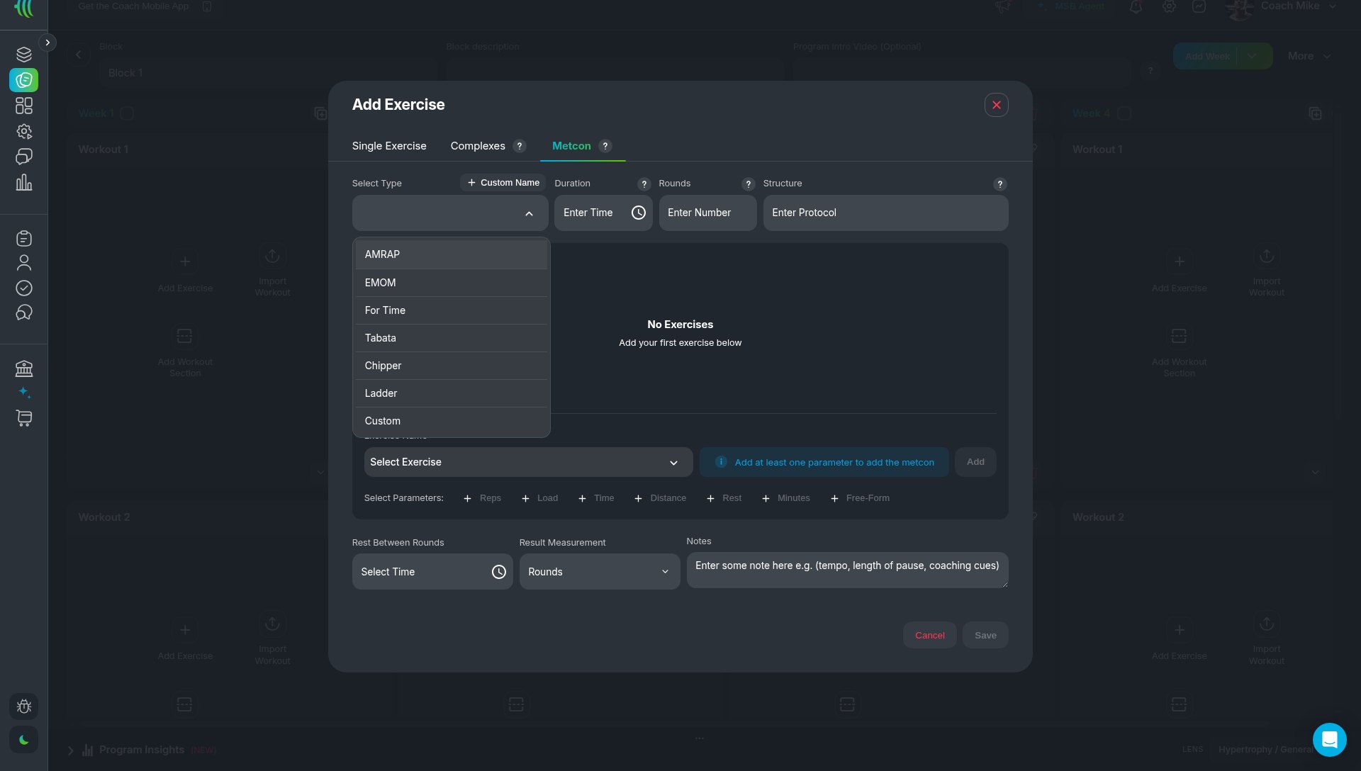 MyStrengthBook Metcon tab with the Select Type menu open showing AMRAP, EMOM, For Time, Tabata, Chipper, Ladder and Custom