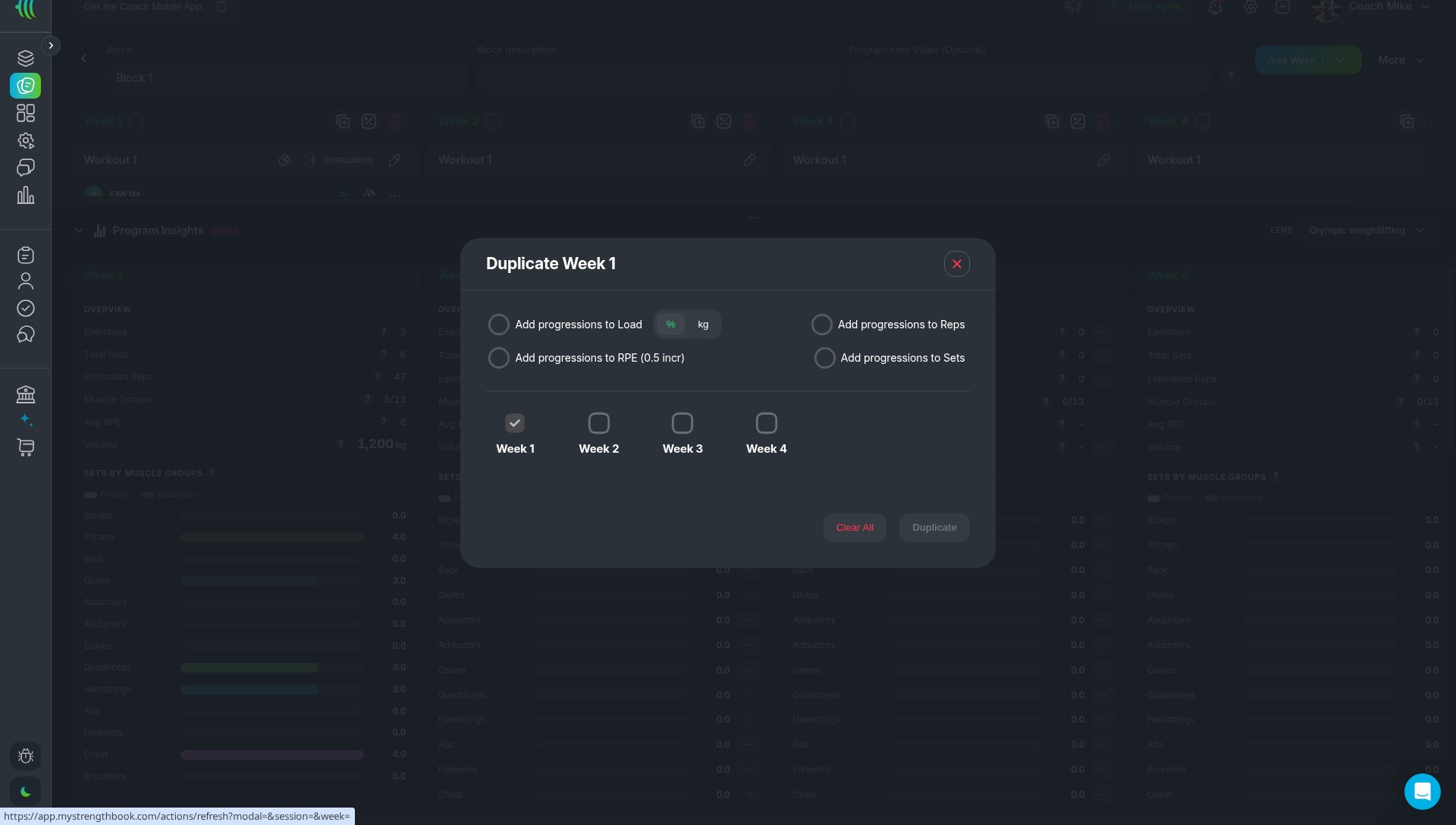 MyStrengthBook Duplicate Week modal with progression options for Load, Reps, RPE and Sets and target weeks 1 to 4
