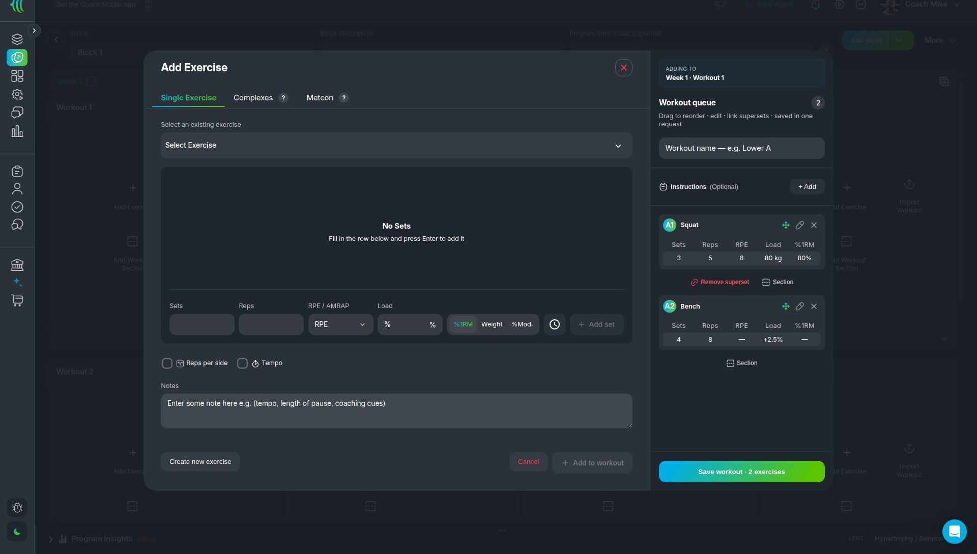 MyStrengthBook Workout queue with two exercises linked as superset A1 and A2 and a Remove superset option