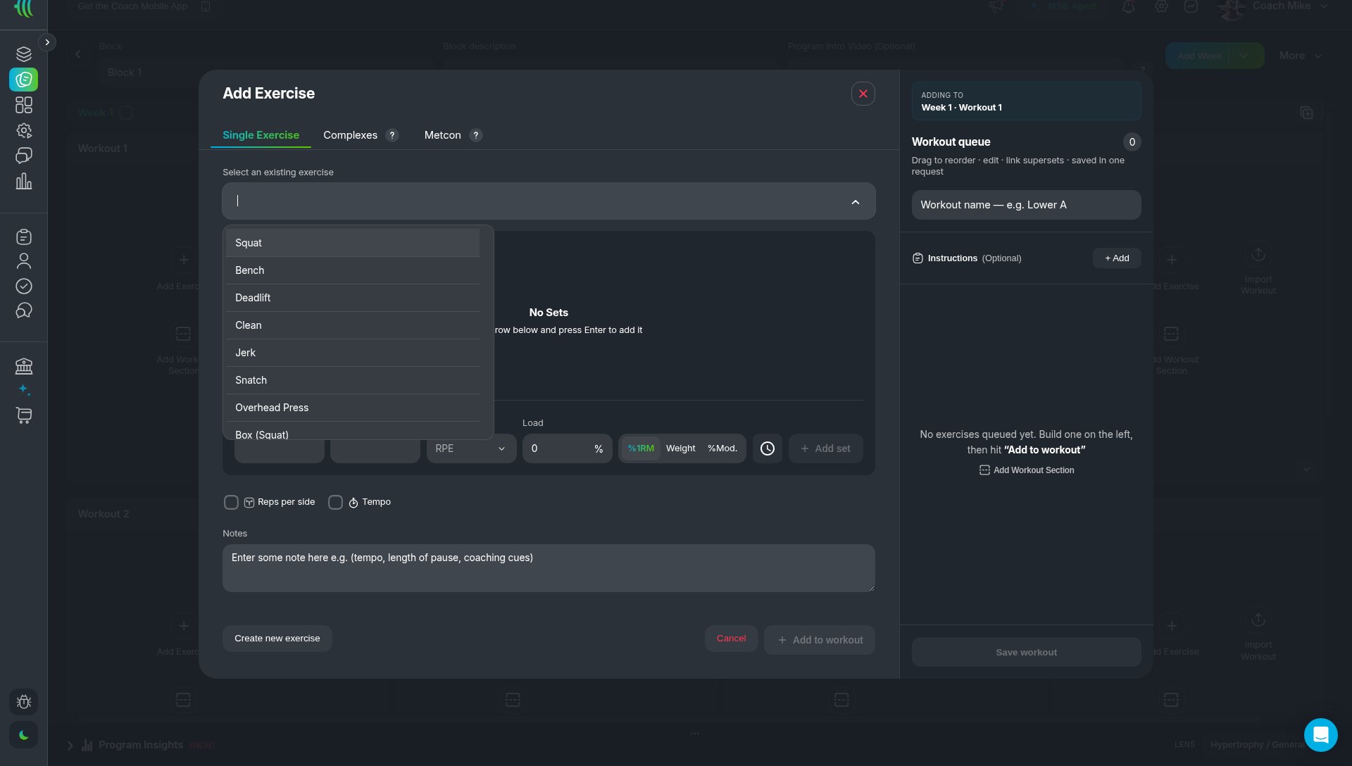 MyStrengthBook Add Exercise modal showing Single Exercise, Complexes and Metcon tabs next to the Workout queue
