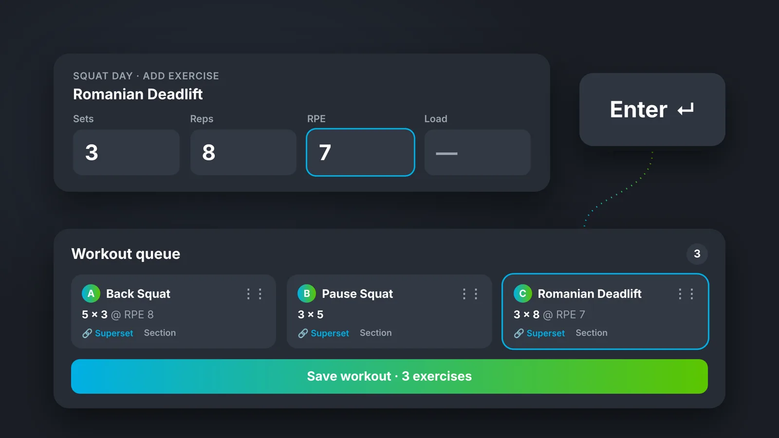 Adding a Romanian Deadlift with sets, reps and RPE, then pressing Enter to send it into the Workout queue next to Back Squat and Pause Squat
