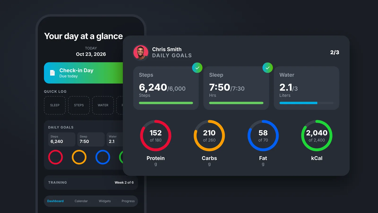 Client mobile Daily Dashboard showing today's plan and daily goals for steps, sleep and water