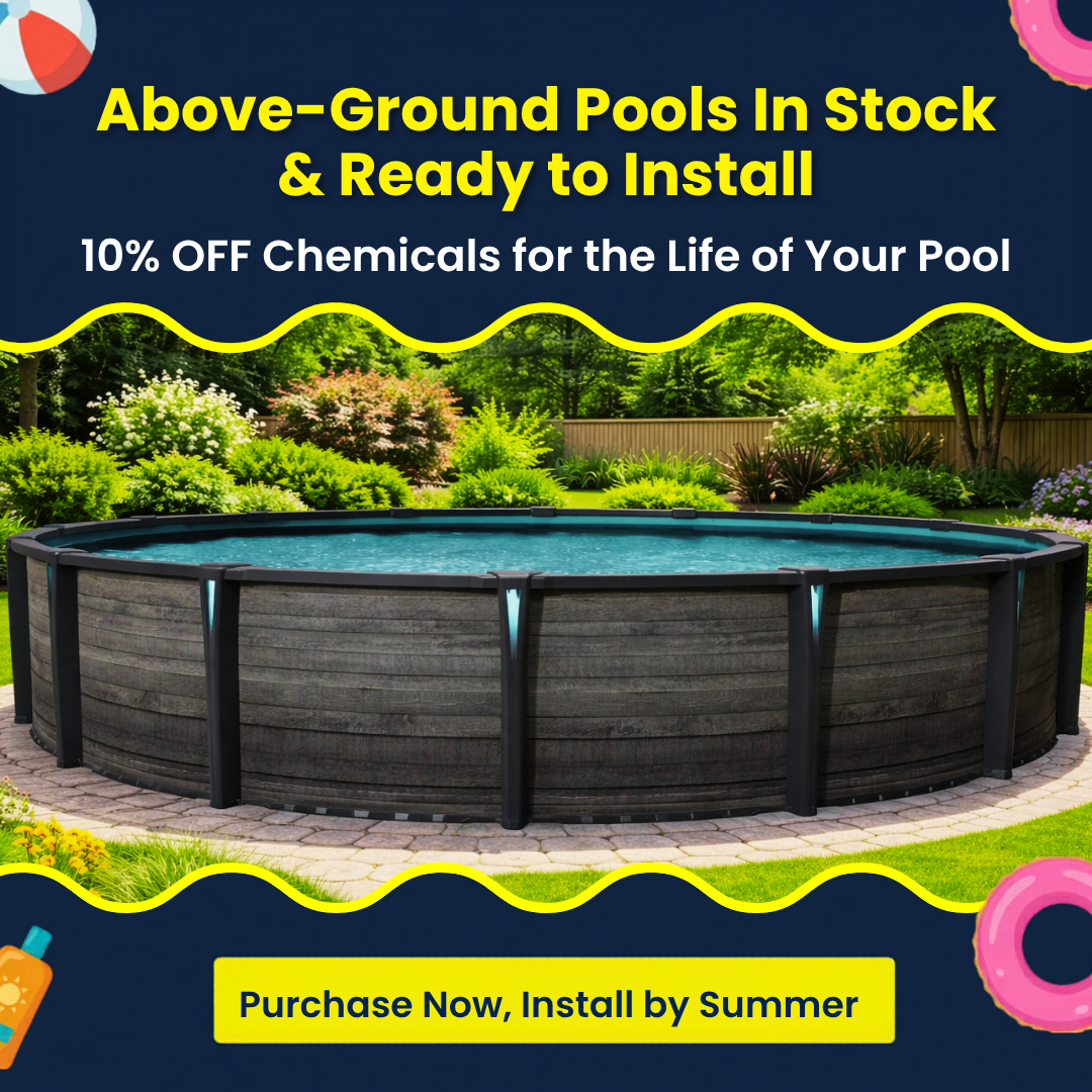 Above-ground backyard swimming pool with ladder, featuring 25% off and $1,000 in free upgrade offers