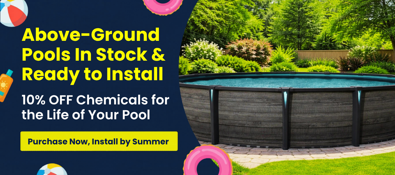 Above-ground backyard swimming pool with ladder, featuring 25% off and $1,000 in free upgrade offers