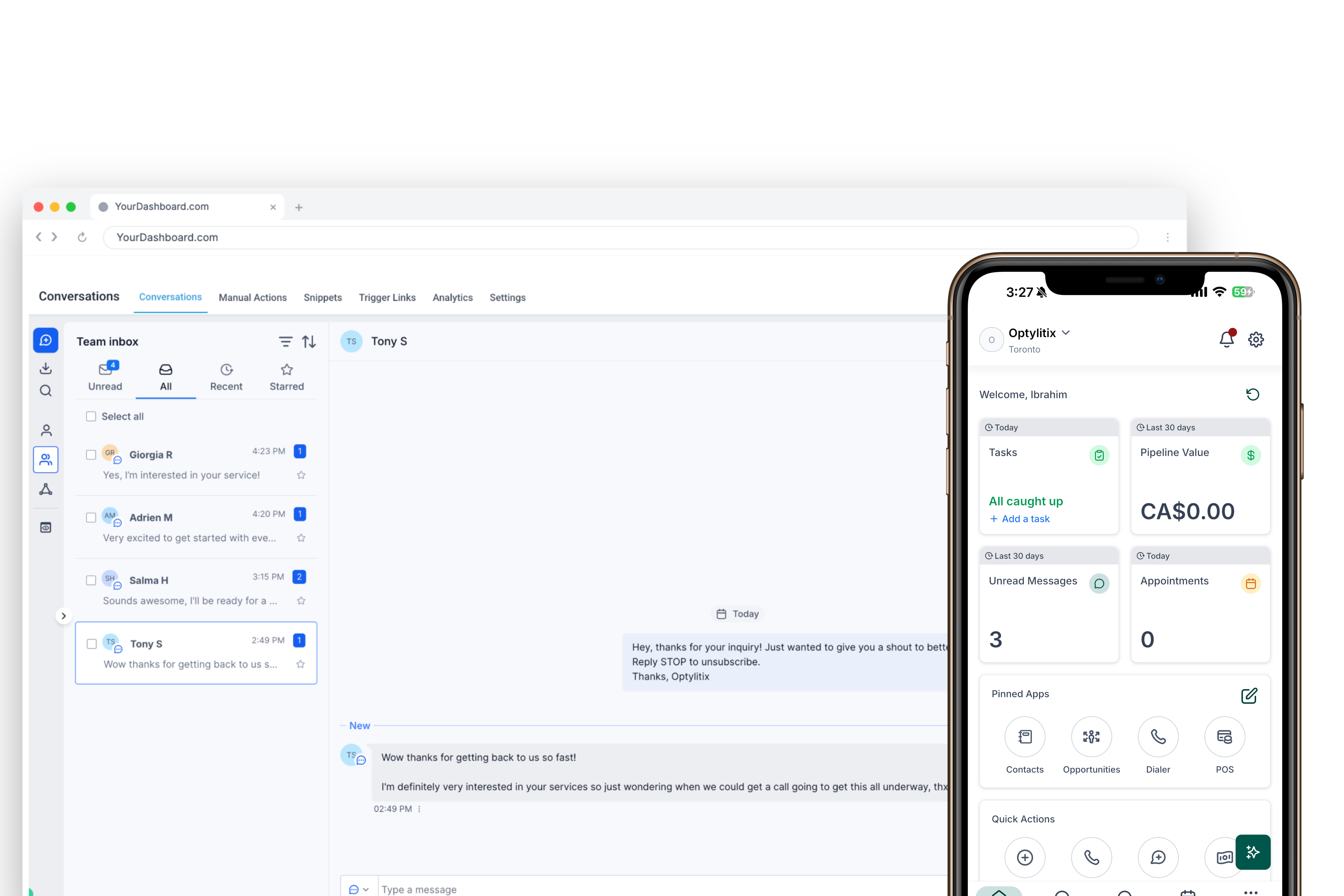 Unified dashboard and mobile app showing customer messages and appointment tracking