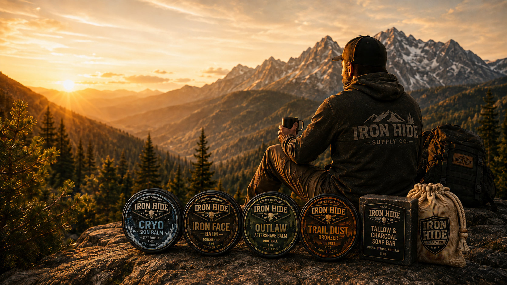 Iron Hide Supply Co. skin care lineup in the mountains at sunset