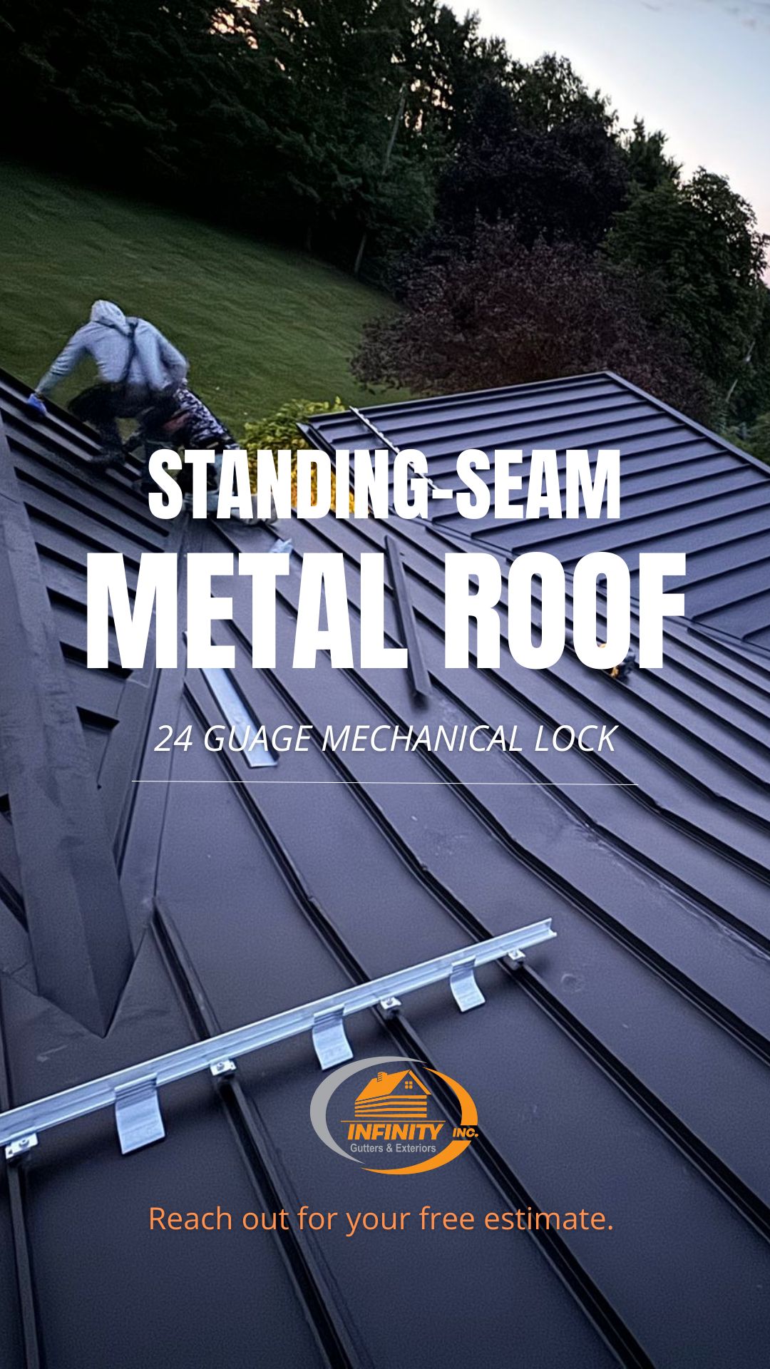 Standing seam black metal roof with snow guards and mechanical-lock panels