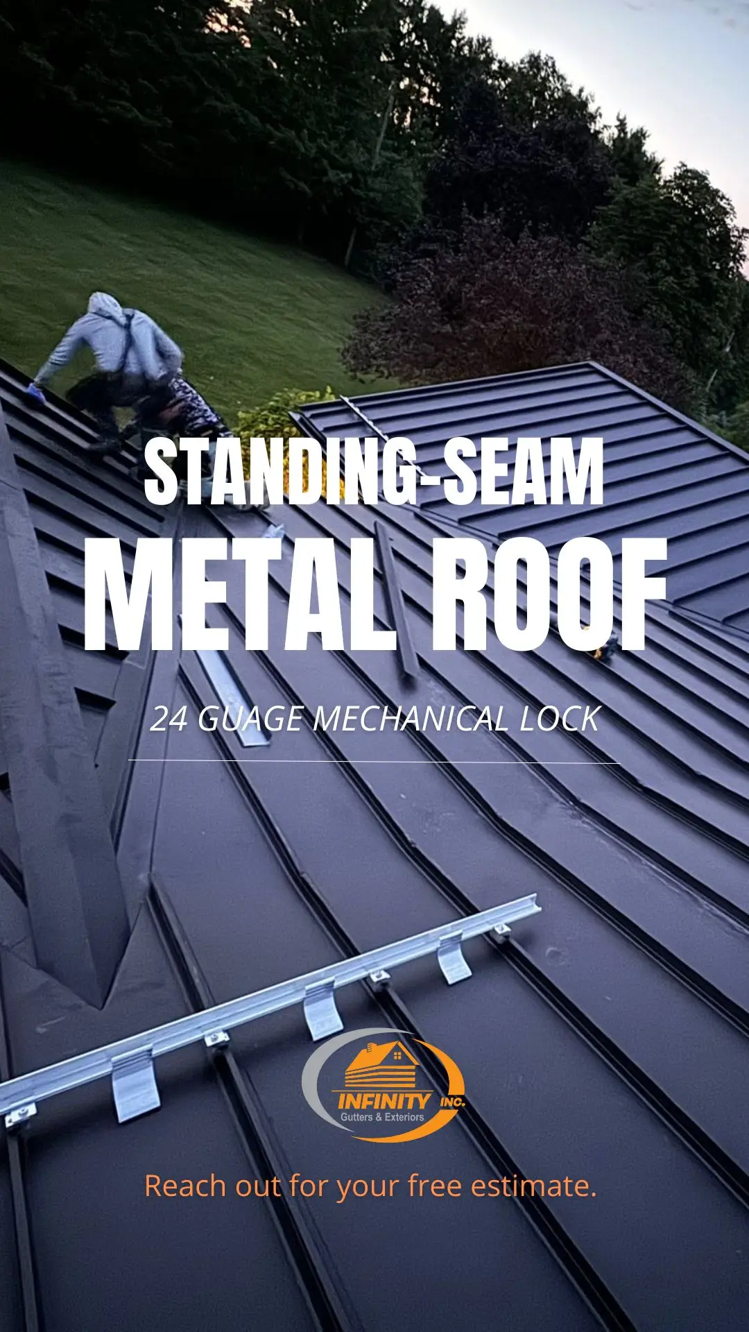 Standing seam black metal roof with snow guards and mechanical-lock panels