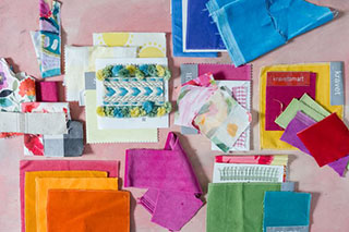Fabric swatches arranged by color