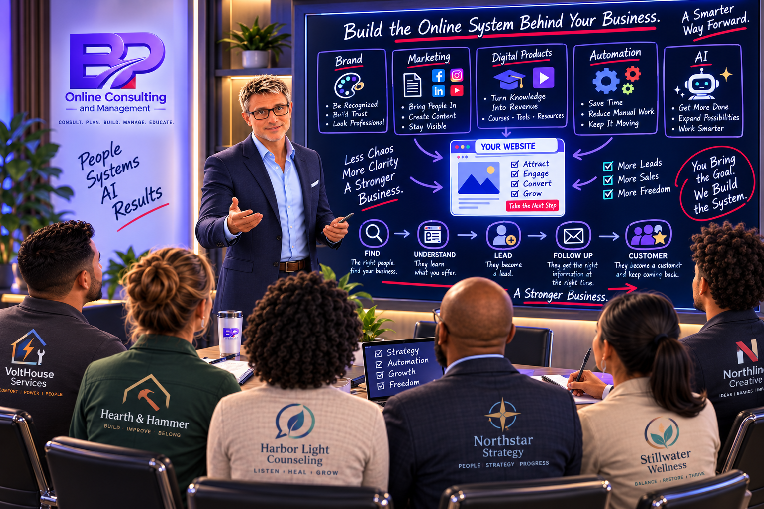 A presenter explains connected business systems to a seated group of independent business owners.
