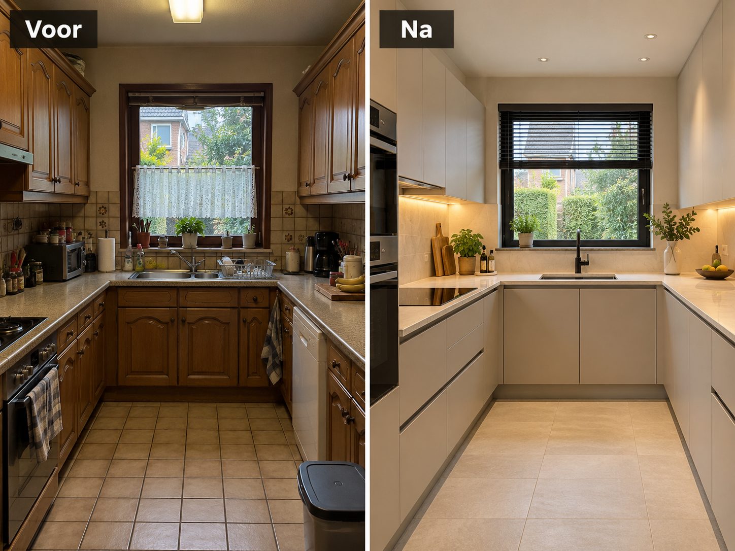 Keuken voor en na de renovatie: van houten kasten naar een strakke lichte keuken