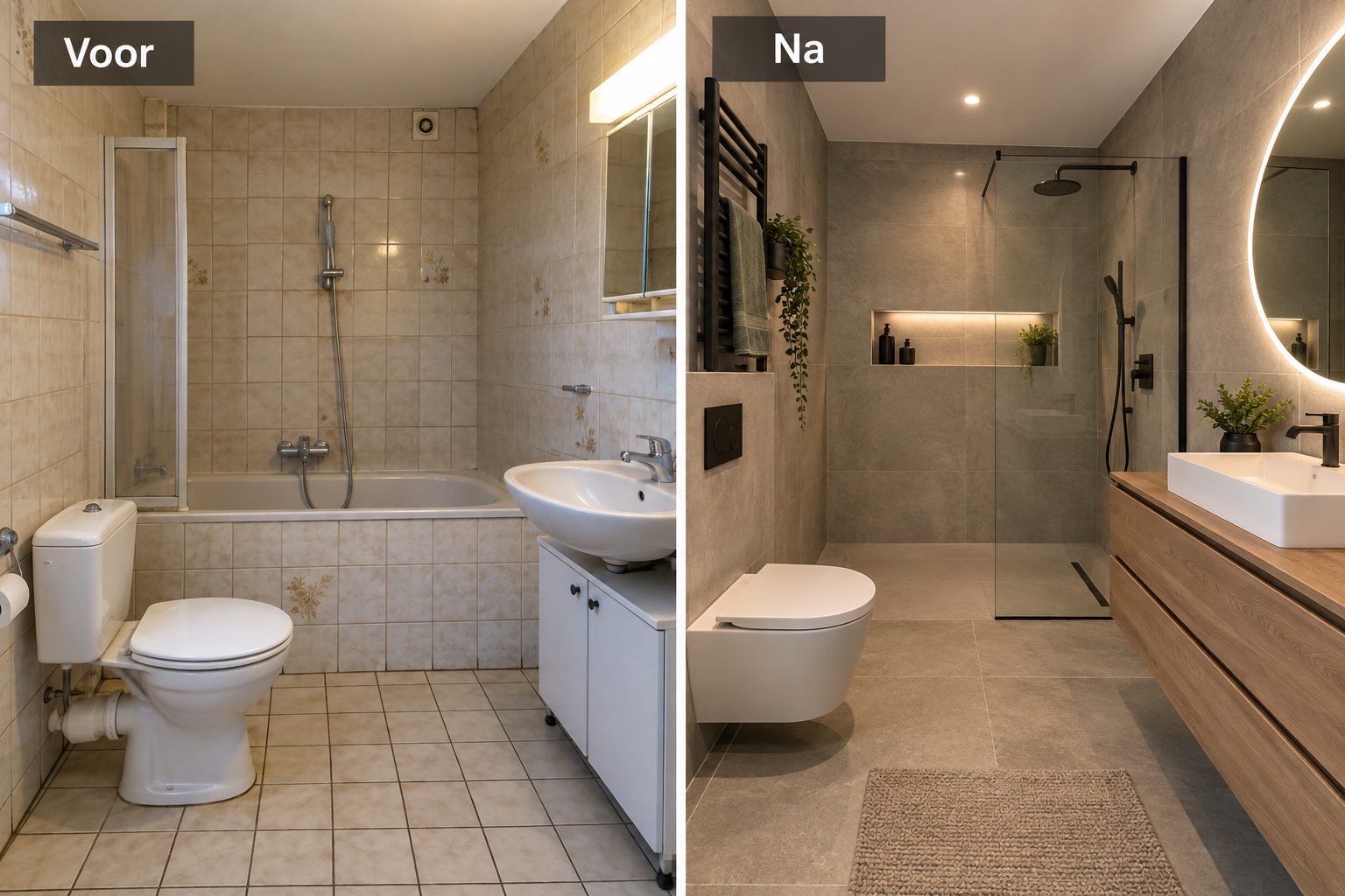 Badkamer voor en na de renovatie: van oude tegels en bad naar een moderne inloopdouche