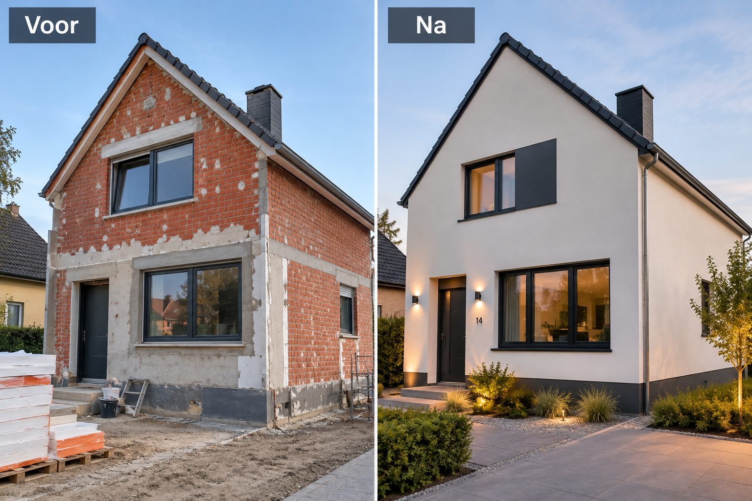 Woning voor en na gevelisolatie met een nieuwe lichte gevel