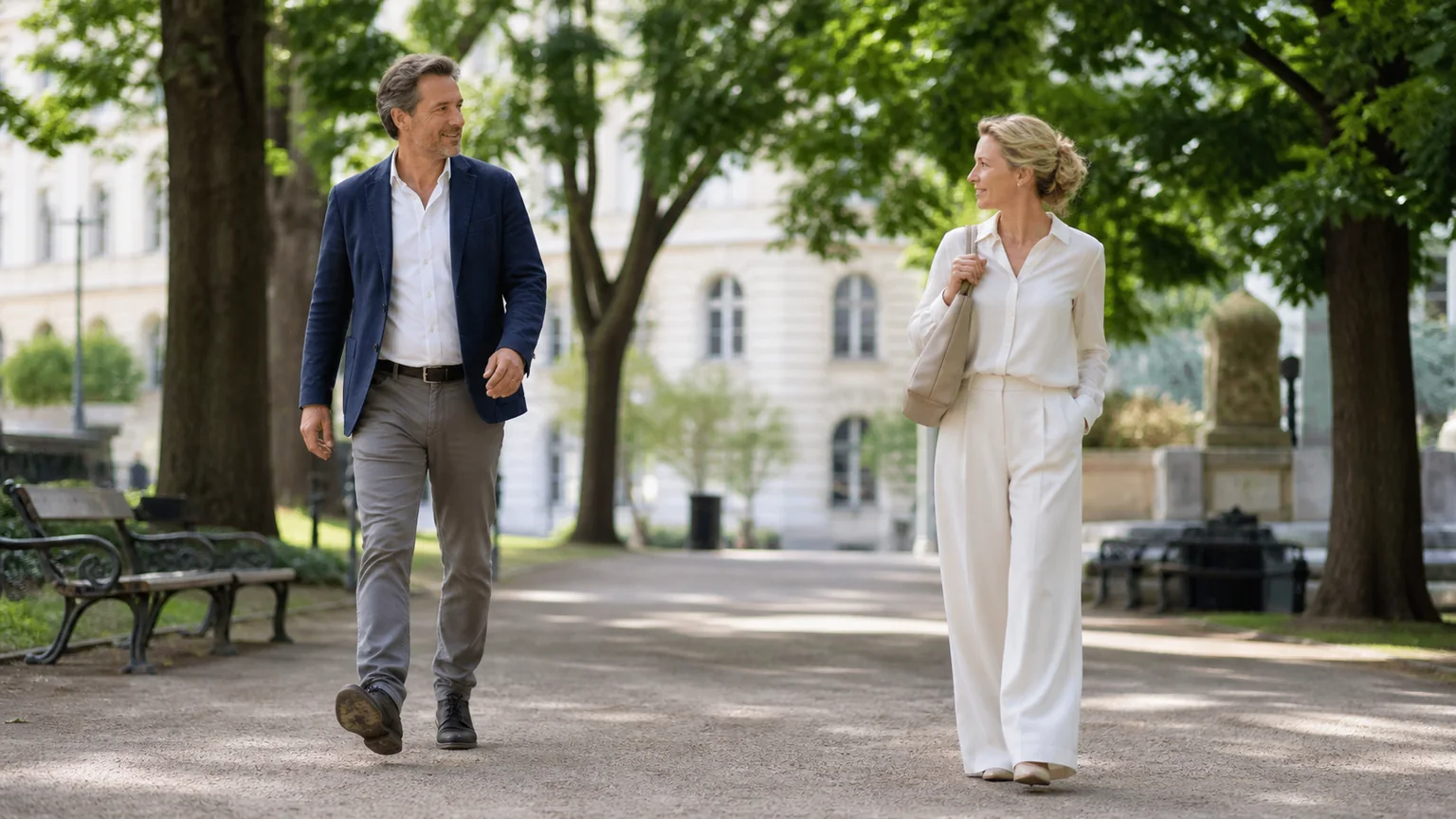 Mann und Frau begegnen einander mit respektvollem Abstand in einem Wiener Park