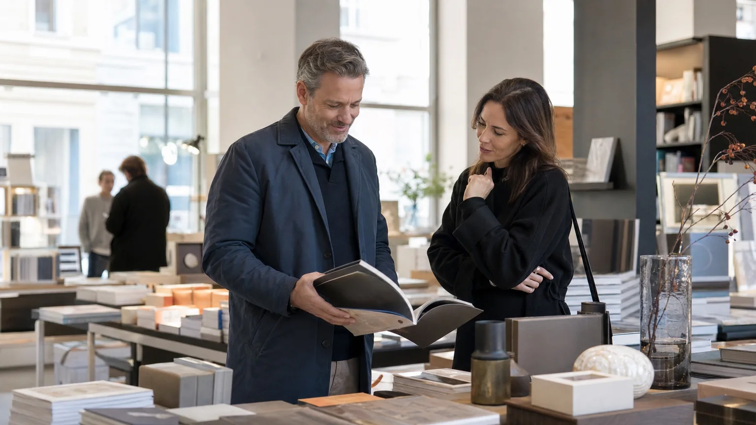 Mann und Frau beginnen in einer Wiener Buchhandlung ein Gespräch über ein Buch
