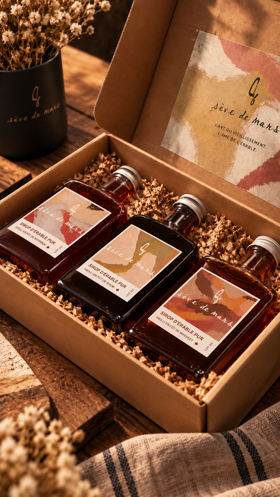 Coffret Sève de Mars de trois bouteilles ouvert sur une table de bois