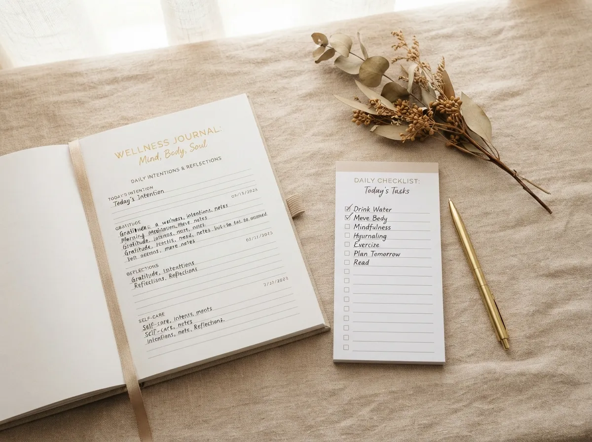 Checklist preview flat-lay with journal and pen