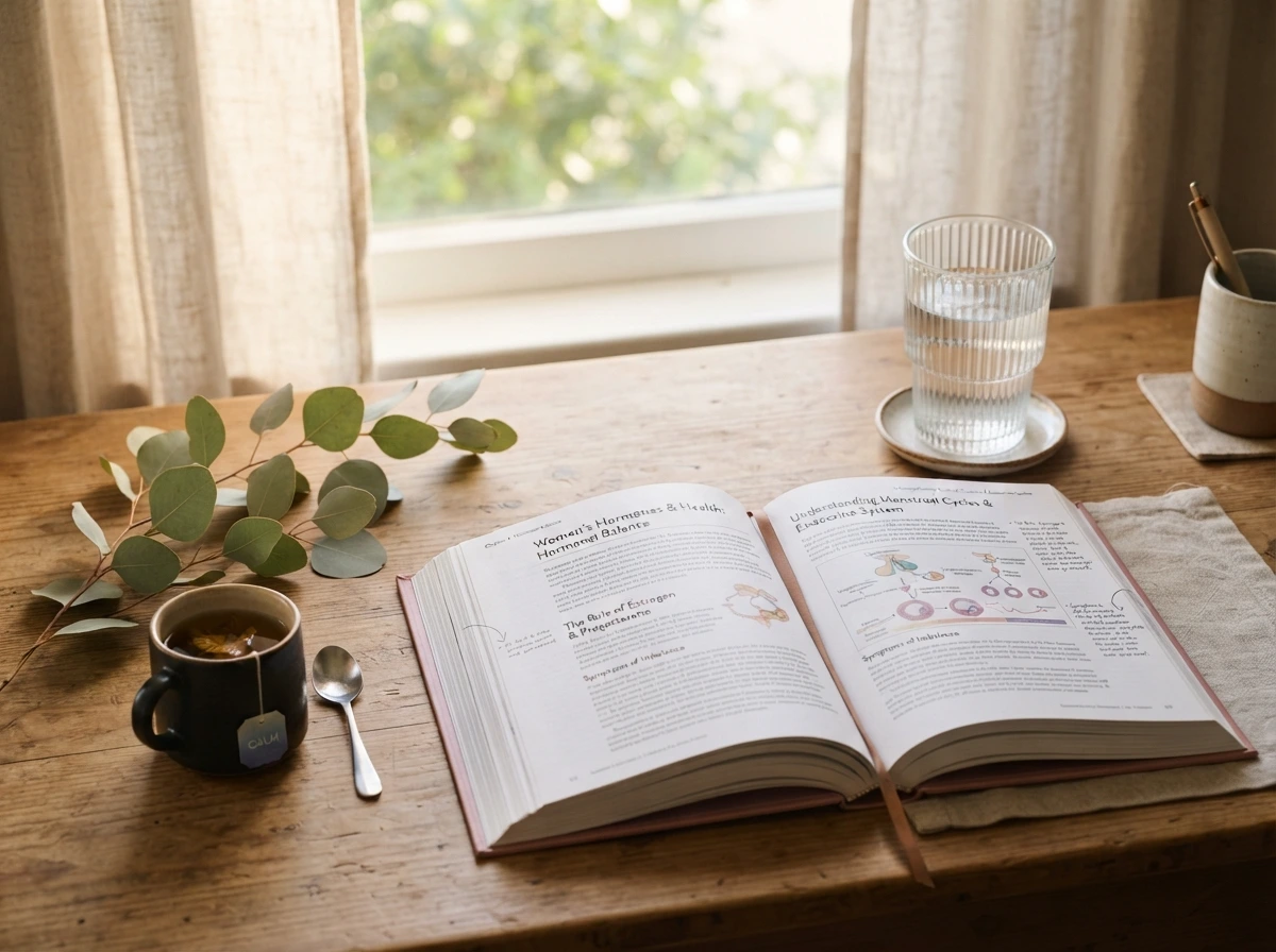 Open book on health and hormones with soft morning light
