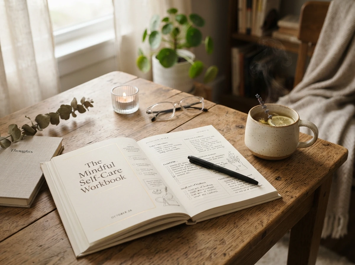 Reflective journal-style scene with tea and notebook