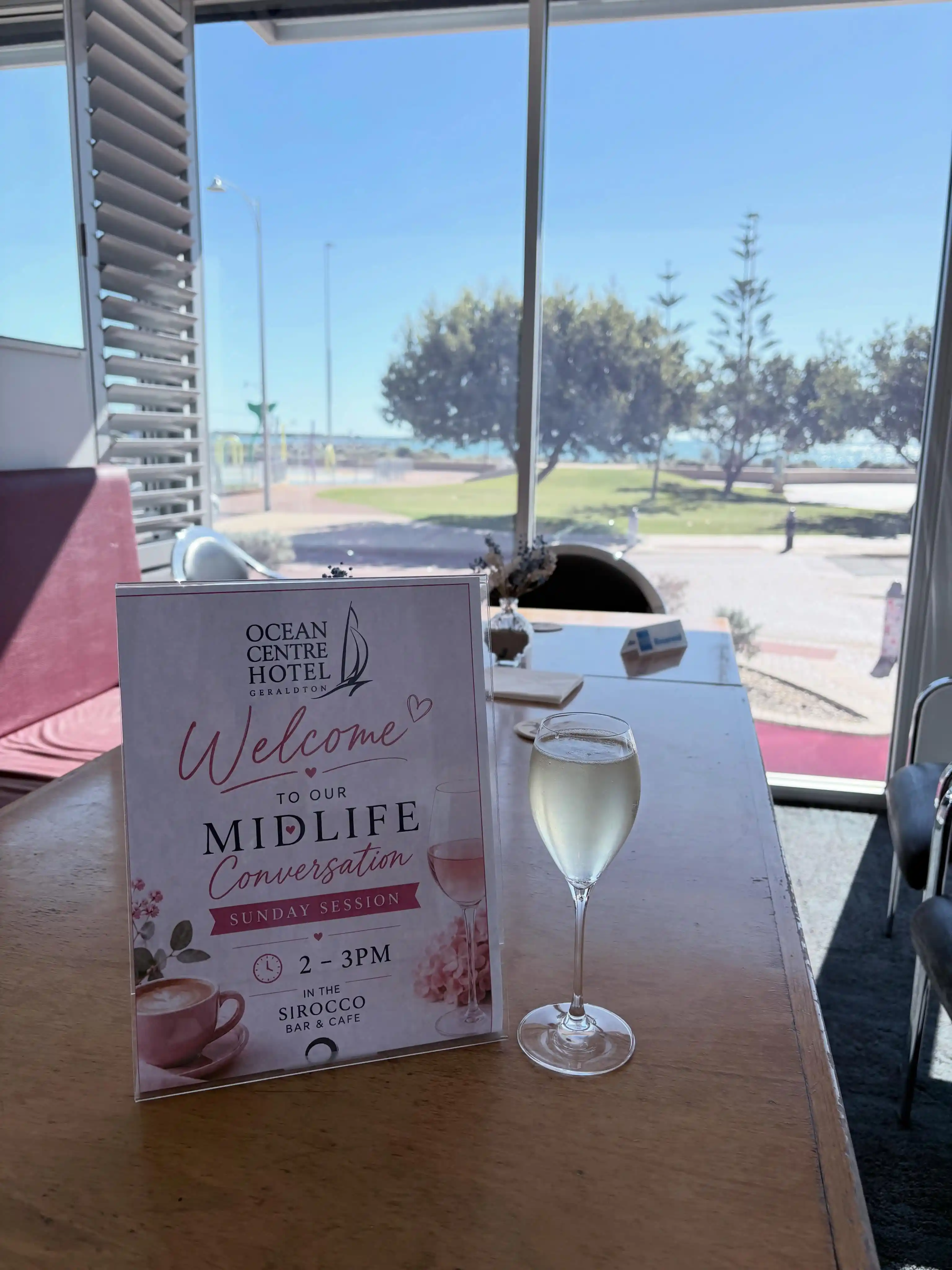 Welcome sign for the MIDlife Conversation Sunday Session, Ocean Centre Hotel Geraldton