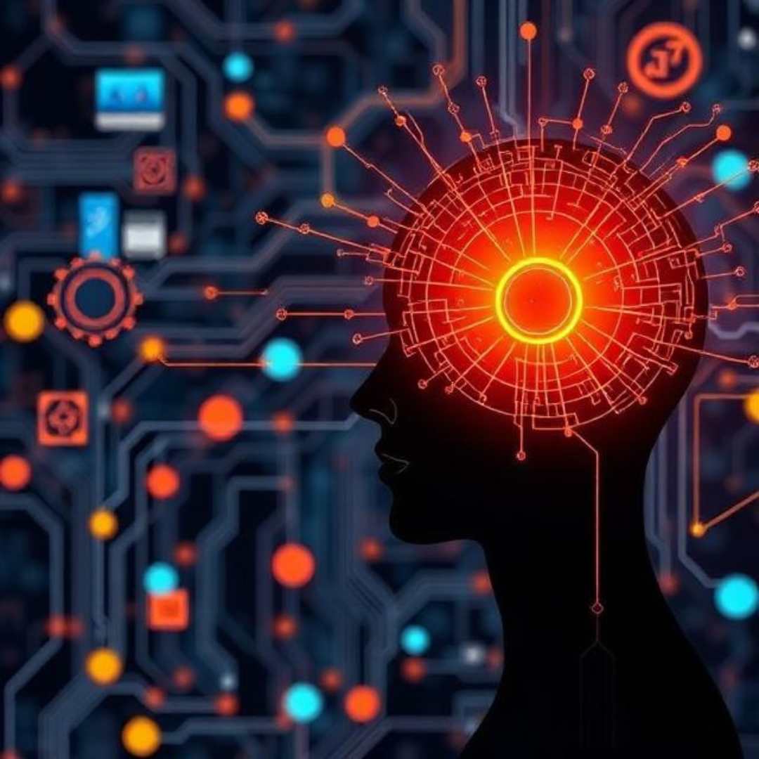 A digital illustration of a human head silhouette facing sideways, with a glowing circular brain at the center made of intricate circuit patterns. The background is filled with interconnected lines, nodes, and tech elements, symbolizing artificial intelligence, data processing, and advanced technology A digital illustration of a human head silhouette facing sideways, with a glowing circular brain at the center made of intricate circuit patterns. The background is filled with interconnected lines, nodes, and tech elements, symbolizing artificial intelligence, data processing, and advanced technology