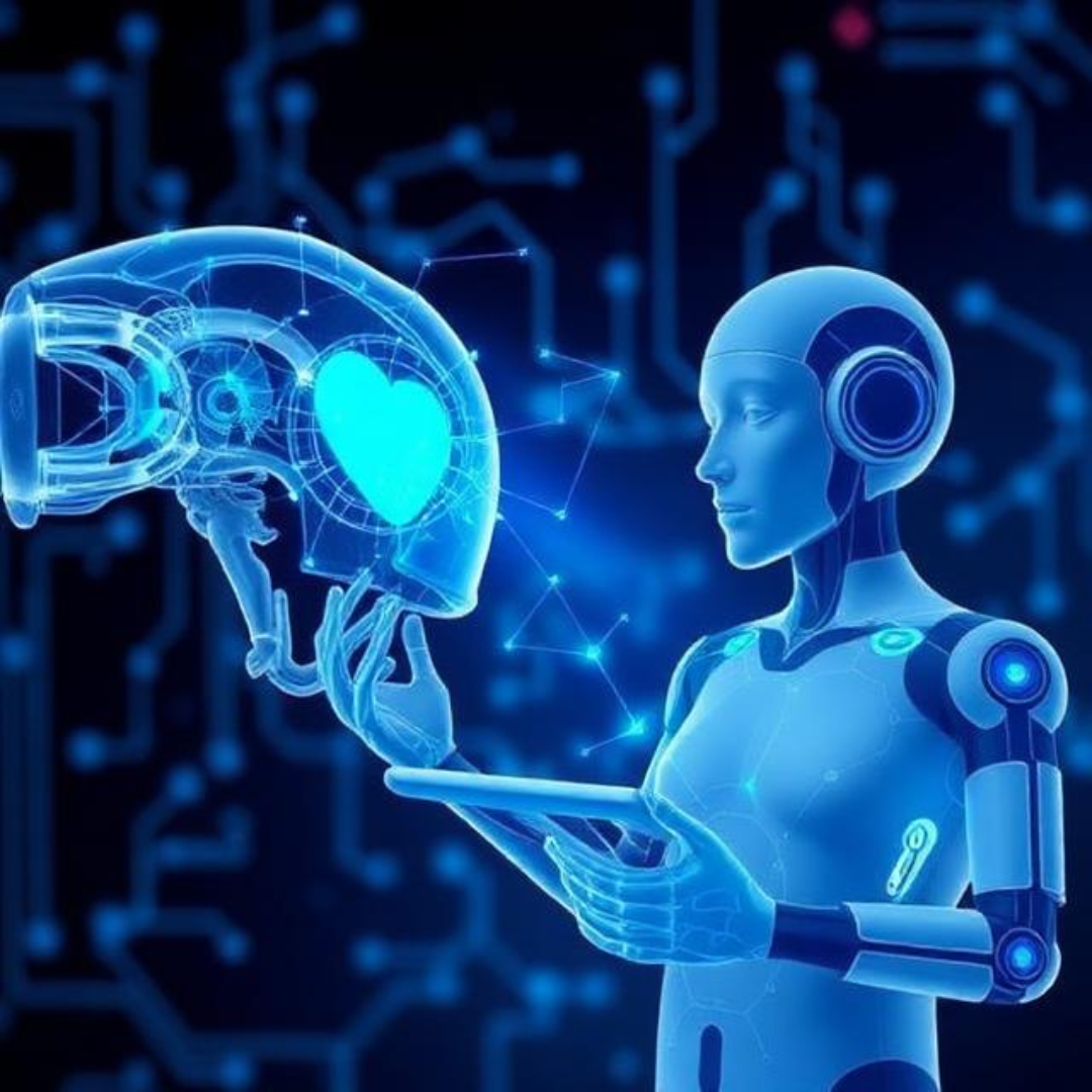 A futuristic blue-toned illustration of a humanoid robot holding a transparent digital helmet with a glowing heart inside. The robot appears thoughtful as it examines the helmet. The background features a dark blue circuit board pattern with glowing connection lines, symbolizing artificial intelligence, technology, and the integration of emotion and human-centered design in AI