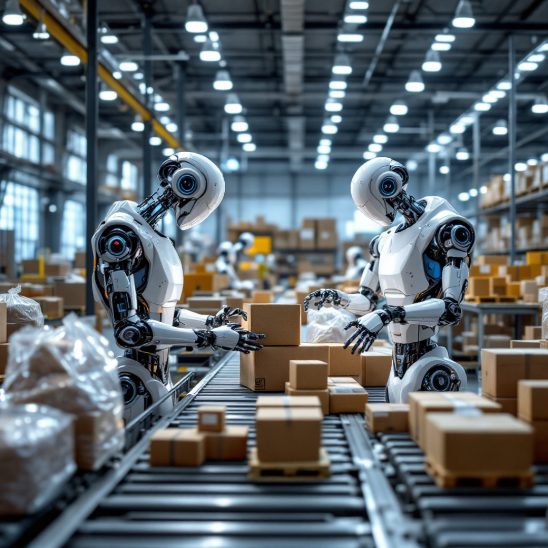 Two humanoid robots working on a warehouse conveyor belt, sorting and handling cardboard boxes in a modern, well-lit fulfillment center with automated systems in the background. Two humanoid robots working on a warehouse conveyor belt, sorting and handling cardboard boxes in a modern, well-lit fulfillment center with automated systems in the background.