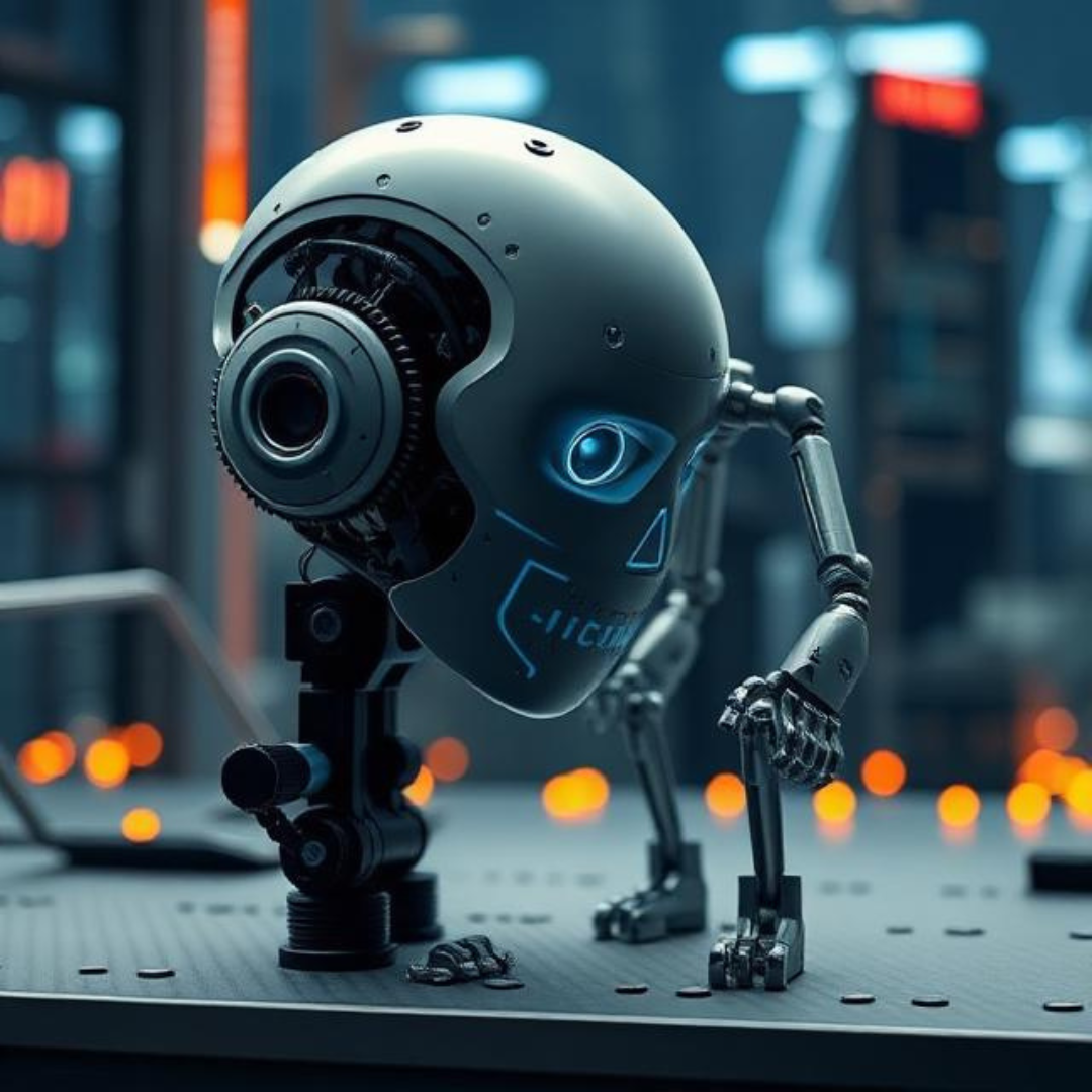 Close-up of a small, futuristic robot with a single glowing blue eye, standing on a workbench in a high-tech lab. The robot has a rounded head, mechanical limbs, and a camera-like lens on one side of its face. Soft orange lights and blurred machinery in the background create a sleek, sci-fi atmosphere.