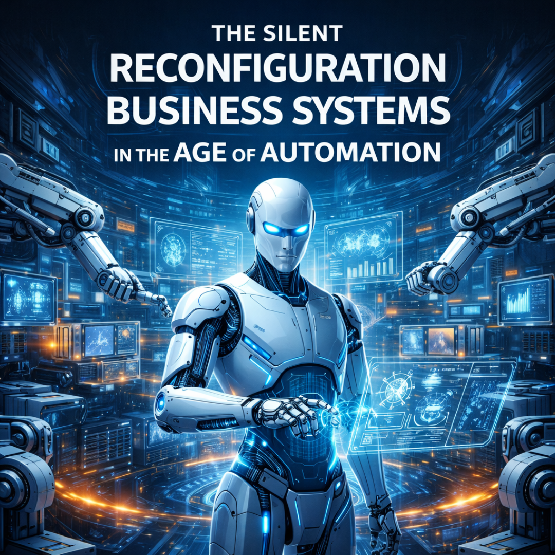 Humanoid robot managing automated business systems with holographic data interfaces in a futuristic digital environment, representing the silent transformation of business processes through automation. Humanoid robot managing automated business systems with holographic data interfaces in a futuristic digital environment, representing the silent transformation of business processes through automation.