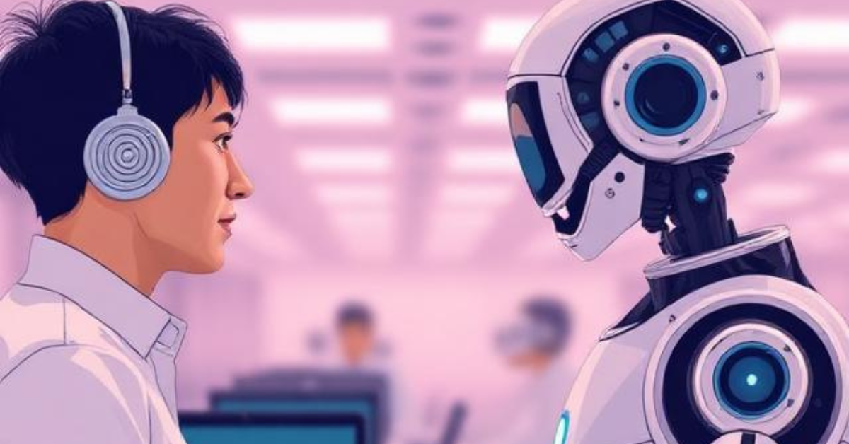 Person wearing headphones facing a humanoid robot in a modern office setting, symbolizing human vs AI interaction and the shift toward automation in the workplace.