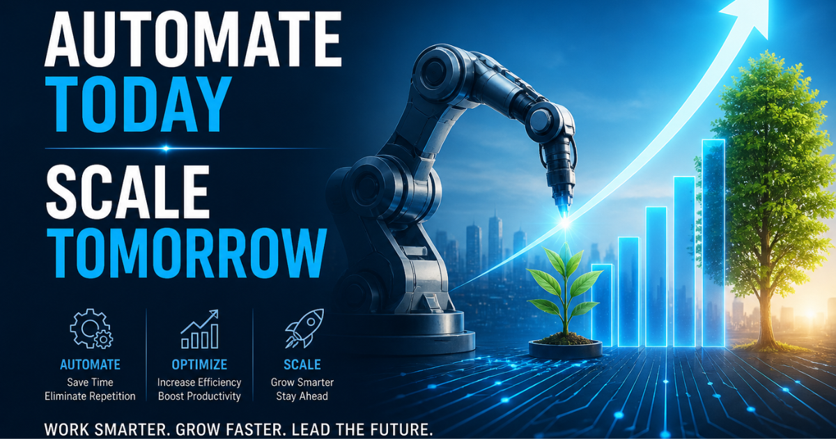 A futuristic marketing graphic showing a robotic arm using a laser to nurture a small plant that grows into a large tree beside rising bar charts, symbolizing business growth through automation. The background features a modern city skyline with a digital grid floor. Bold text reads “Automate Today, Scale Tomorrow,” with icons highlighting automate, optimize, and scale, and a tagline at the bottom: “Work smarter. Grow faster. Lead the future.