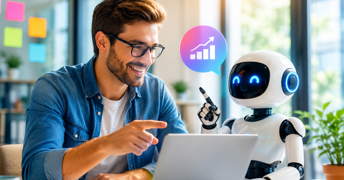 A smiling young professional works on a laptop beside a friendly AI robot in a modern office. The graphic promotes business automation with bold text reading “The Hidden Cost of NOT Automating Your Business.” Colorful icons highlight benefits like boosting productivity, saving time, reducing errors, and driving business growth. A call-to-action banner encourages companies to automate and scale faster.