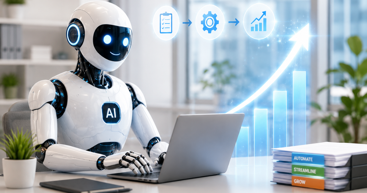 A bright futuristic office scene showing a friendly humanoid AI robot working on a laptop, symbolizing business automation, productivity growth, and the future of work with AI-driven efficiency. A bright futuristic office scene showing a friendly humanoid AI robot working on a laptop, symbolizing business automation, productivity growth, and the future of work with AI-driven efficiency.