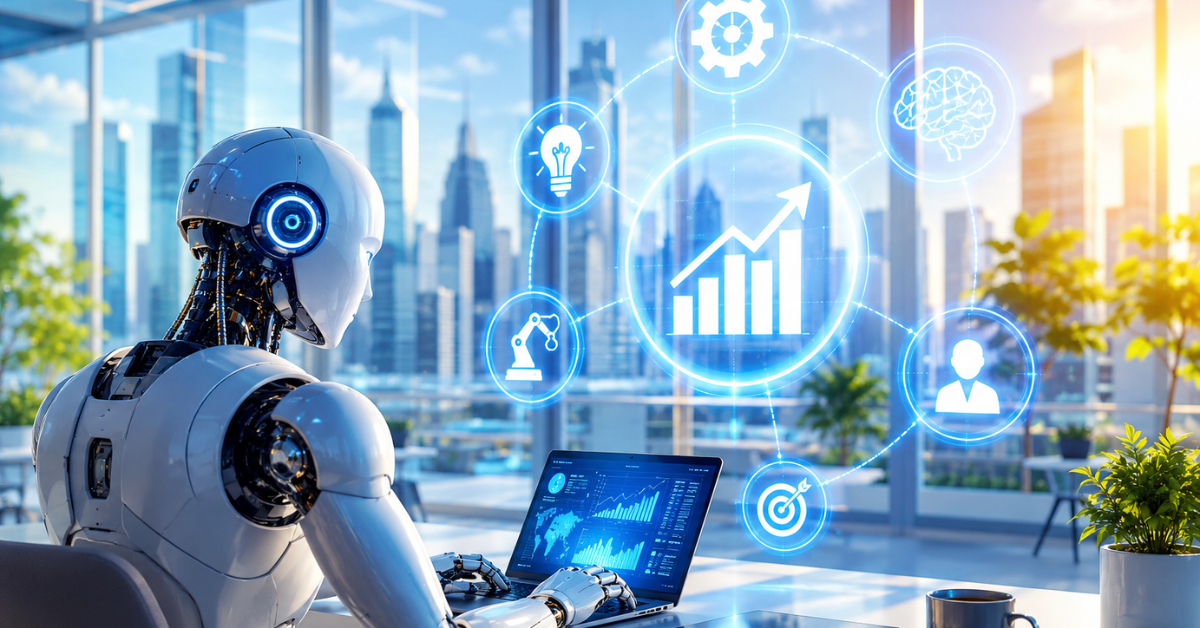 A bright futuristic office showing a humanoid robot working on a laptop with AI dashboards, representing business automation, productivity growth, and the future of AI-powered work. A bright futuristic office showing a humanoid robot working on a laptop with AI dashboards, representing business automation, productivity growth, and the future of AI-powered work.