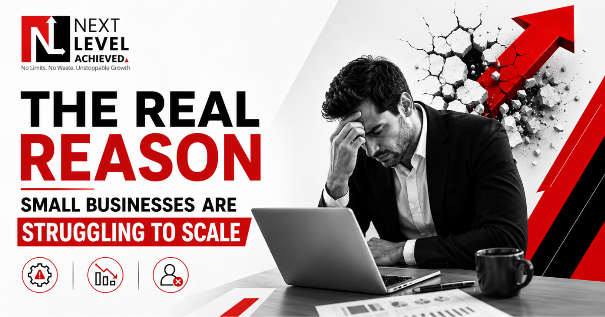 A promotional graphic from Next Level Achieved featuring the headline "The Real Reason Small Businesses Are Struggling to Scale." On the right, a stressed businessman sits at a desk with a laptop, holding his forehead, while a large red arrow breaks through a cracked wall, symbolizing growth challenges. The design uses a red, black, and white color scheme with business-related icons along the bottom and the tagline "No Limits. No Waste. Unstoppable Growth.