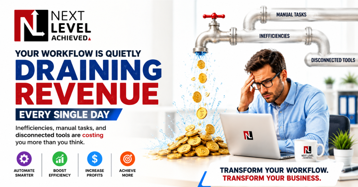 Modern business automation graphic from Next Level Achieved showing a stressed professional working on a laptop while a pipeline labeled manual tasks, inefficiencies, and disconnected tools drains money into a pile of coins, illustrating how inefficient workflows reduce business revenue and how automation can improve productivity and profitability. Modern business automation graphic from Next Level Achieved showing a stressed professional working on a laptop while a pipeline labeled manual tasks, inefficiencies, and disconnected tools drains money into a pile of coins, illustrating how inefficient workflows reduce business revenue and how automation can improve productivity and profitability.