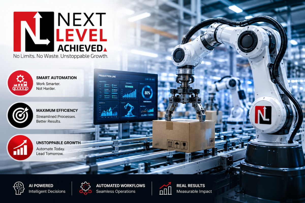 Next Level Achieved AI automation robot working on an automated industrial production line Next Level Achieved AI automation robot working on an automated industrial production line