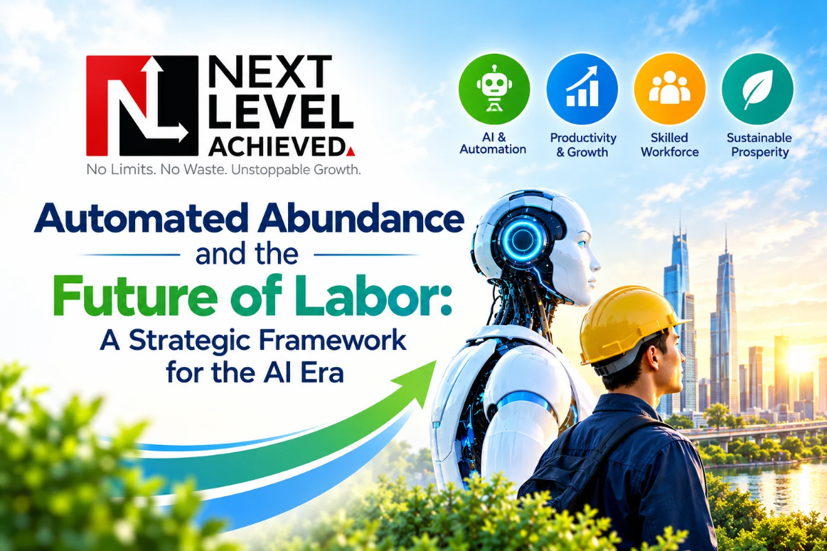 Automated abundance and the future of labor in the AI era, showing AI automation, skilled workers, productivity, and sustainable growth