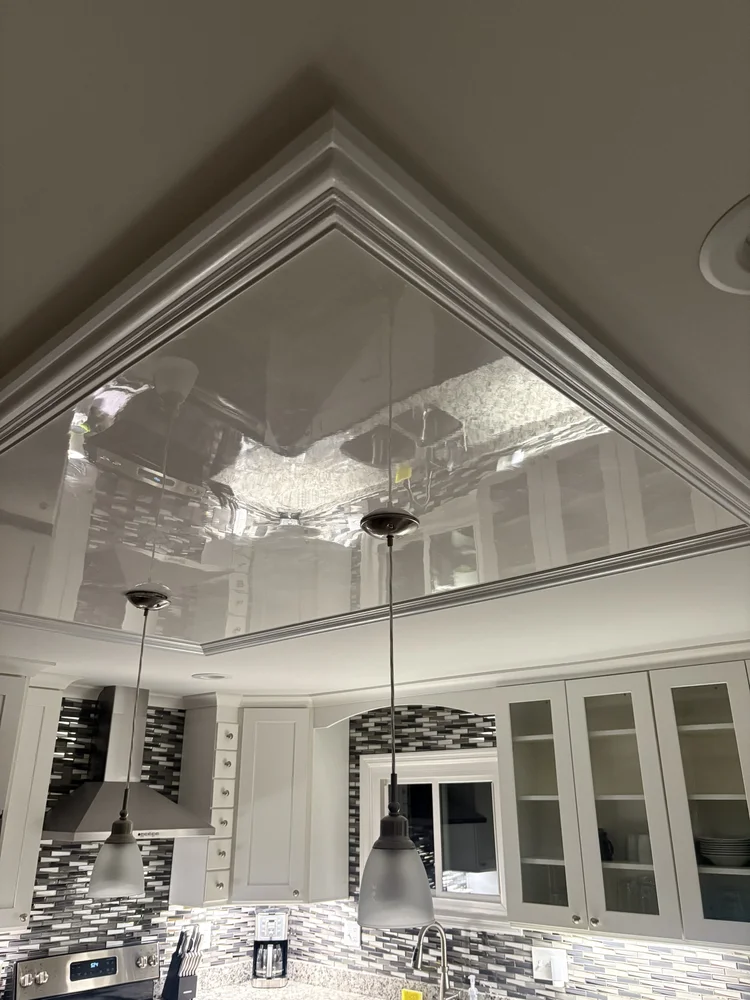 High-polish Venetian plaster ceiling with reflective finish in a luxury St. Louis kitchen