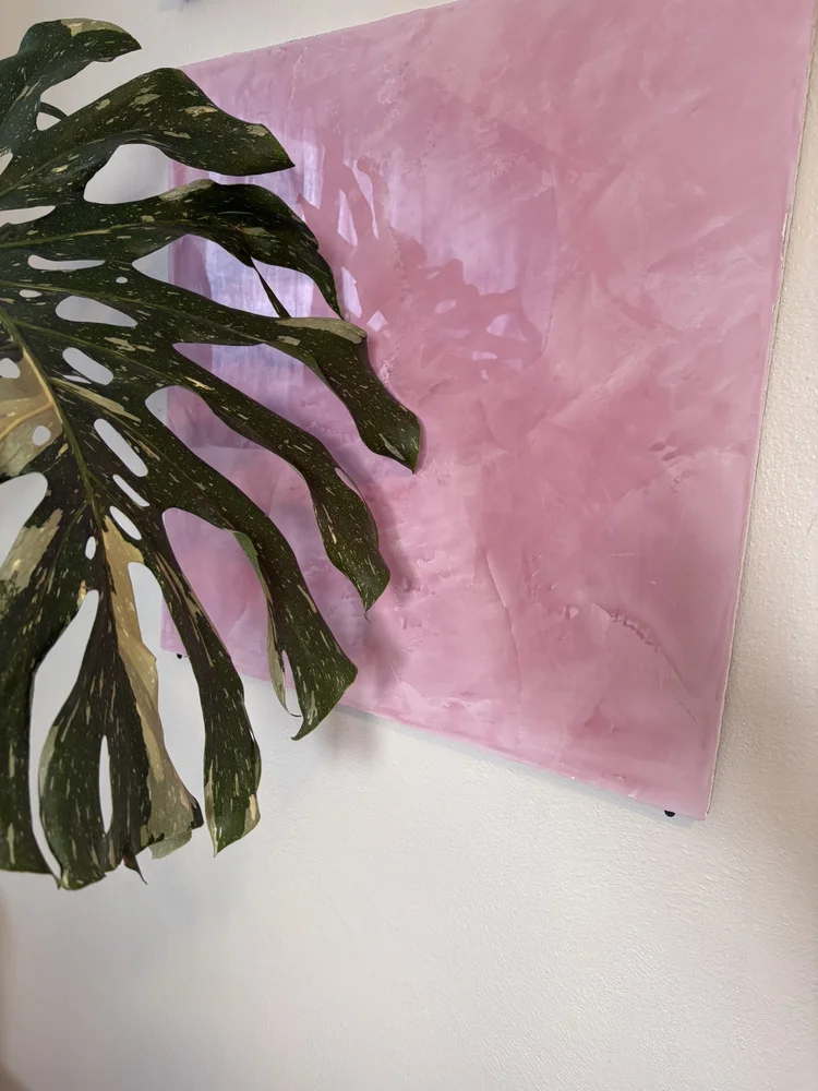 Pink polished Venetian plaster sample showcasing rich color, movement and handcrafted texture