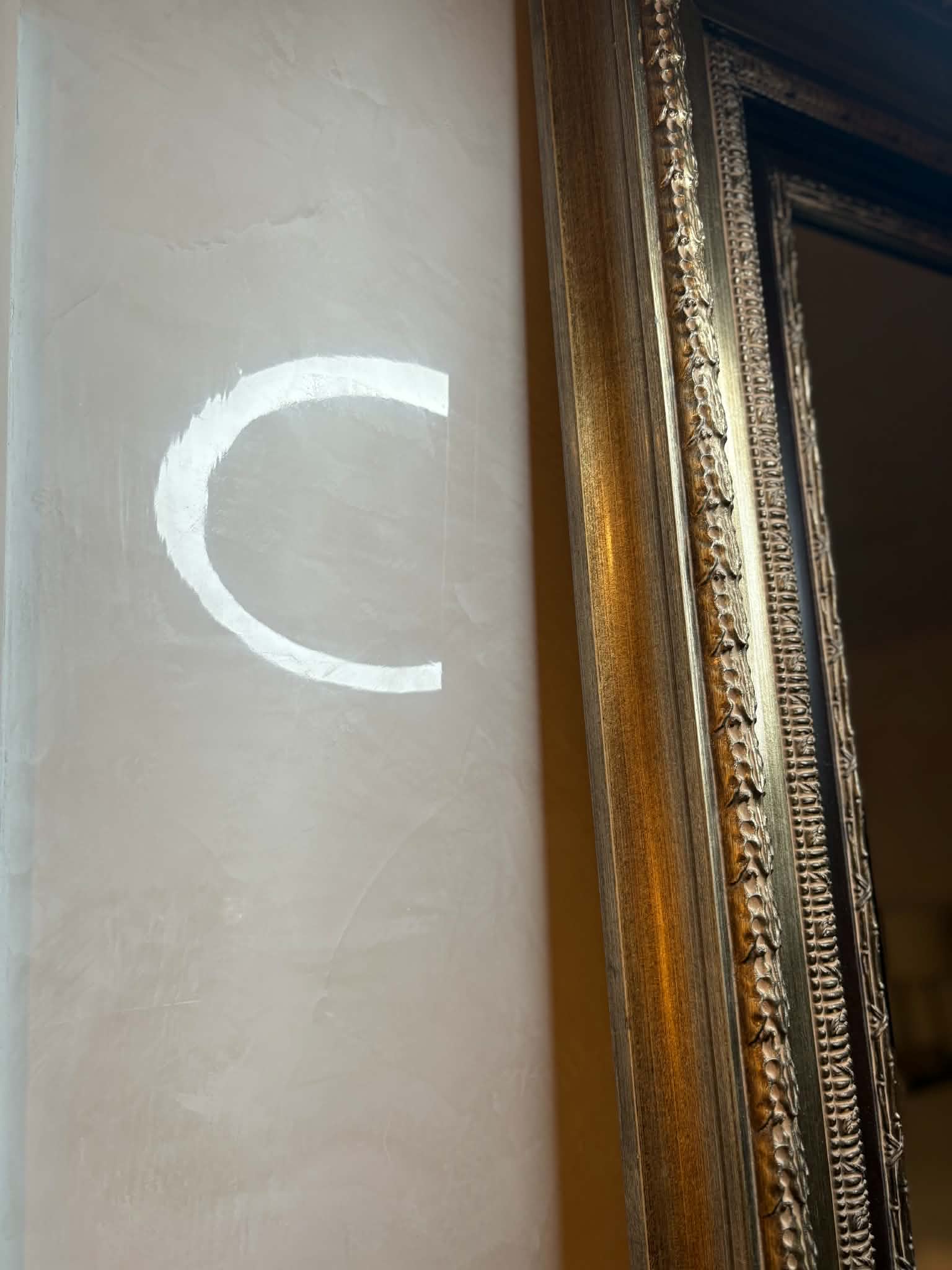 Soft neutral Venetian plaster wall with subtle movement and polished reflective finish in St. Louis