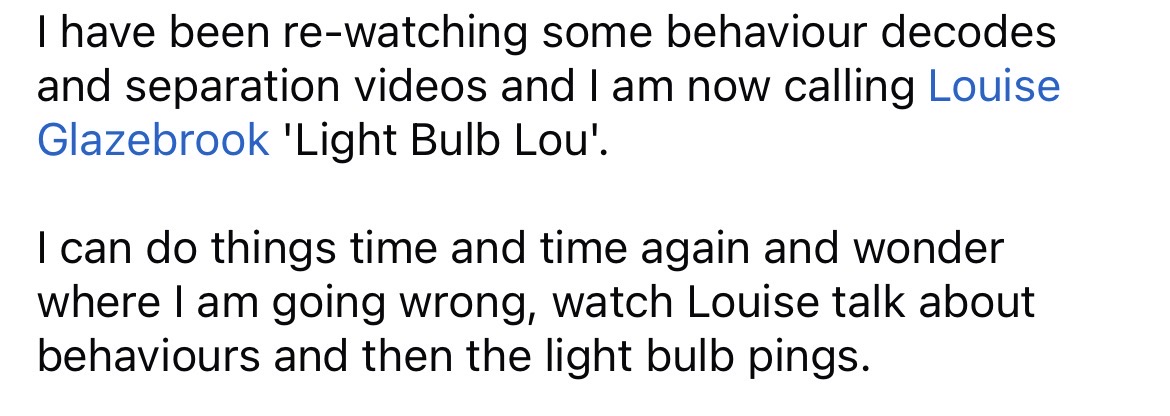 Member message thanking Louise Glazebrook